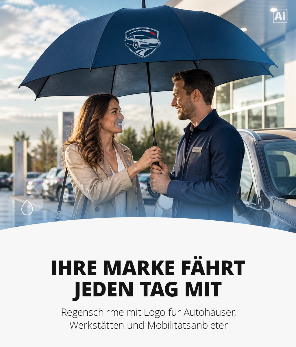 Regenschirm mit Autohaus-Logo bei der Fahrzeugübergabe vor dem Autohaus