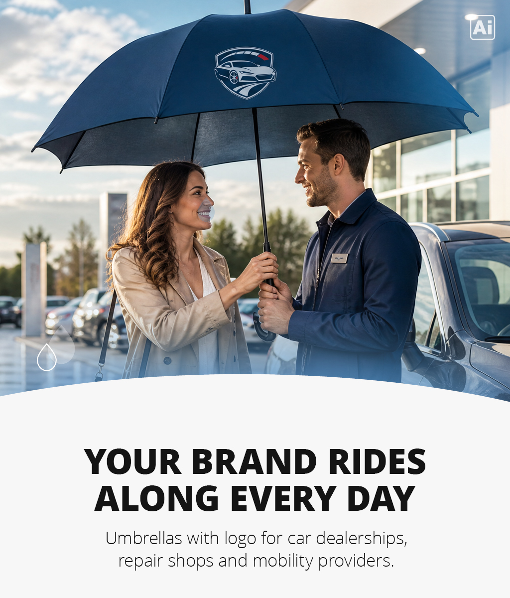 Umbrella with the dealership's logo during the vehicle handoff in front of the dealership