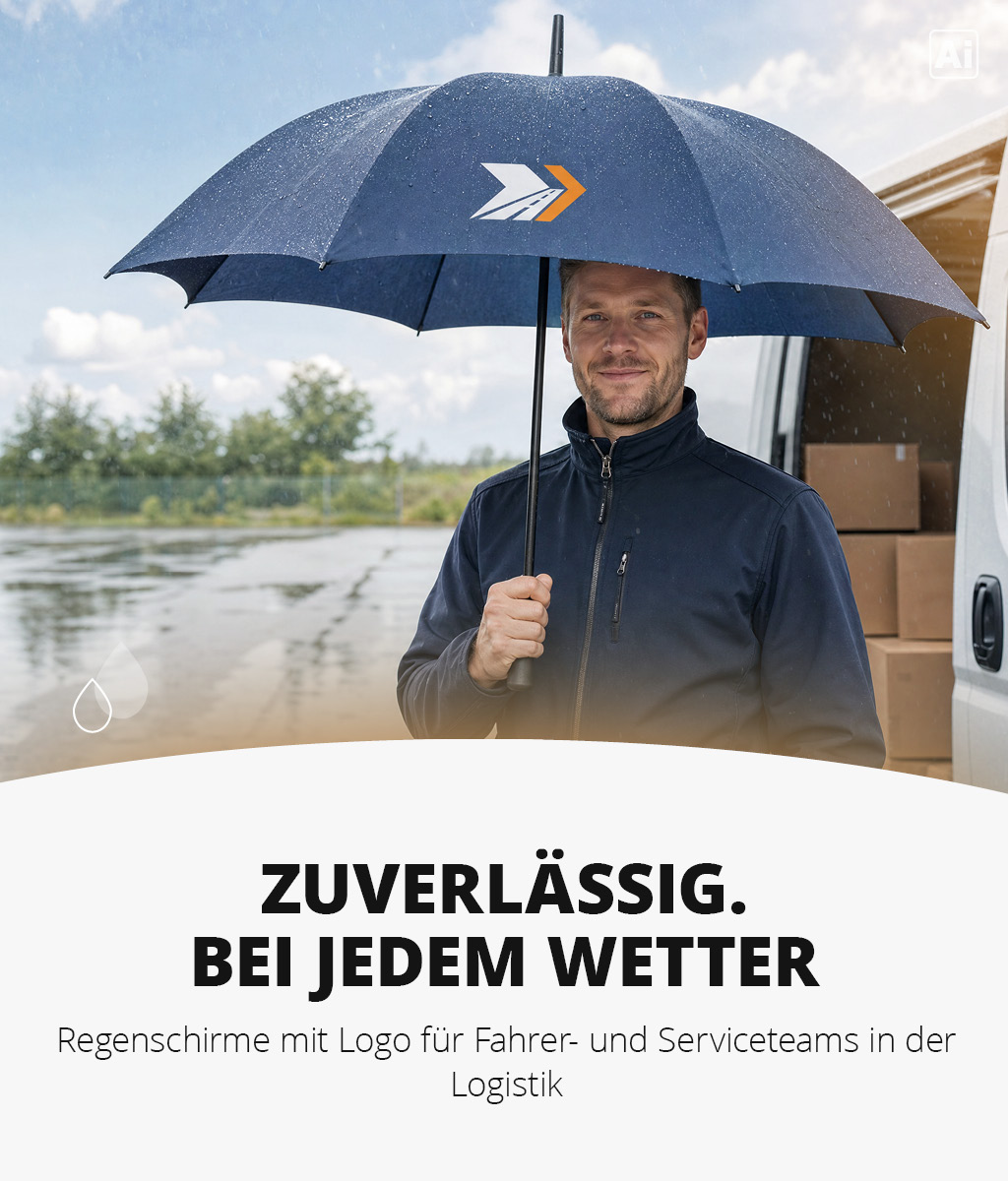 Mann mit Regenschirm mit Speditions-Logo bei der Auslieferung von Paketen.