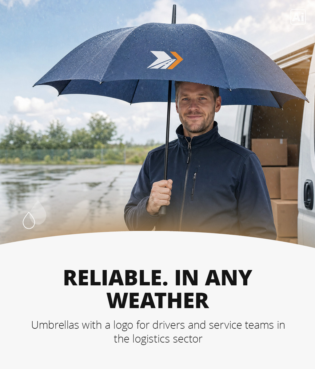 A man with an umbrella bearing a courier company’s logo, delivering parcels.