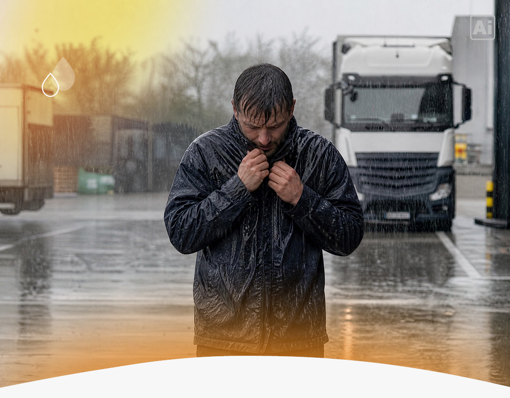 Mann im strömenden Regen mit Jacke ohne Kapuze mit nassen Haaren auf einem Parkplatz.