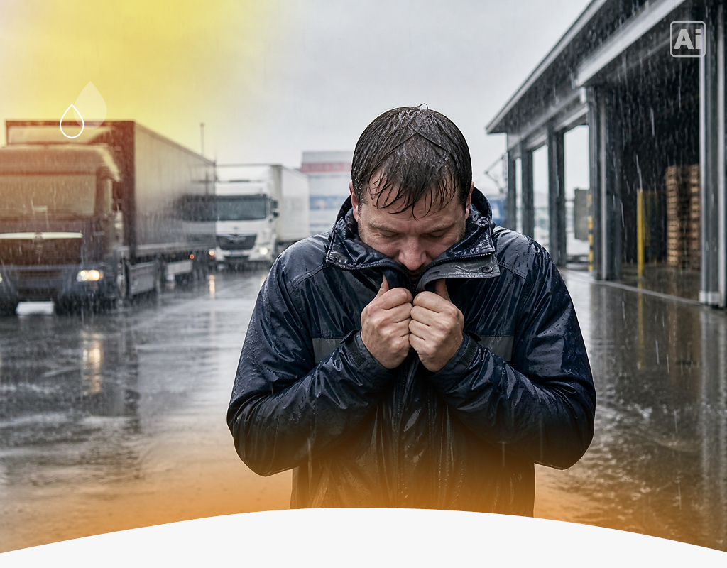 A man in a downpour, wearing a jacket without a hood and with wet hair, in a logistic park.