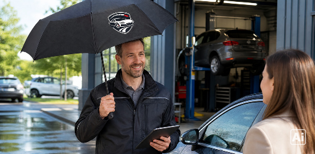 Mitarbeiter eines Autohauses hält einen geöffneten FARE Taschenschirm mit dem Firmenlogo auf einem Segment in der Hand und empfängt die Kundin bei Ihrem Werkstatttermin.