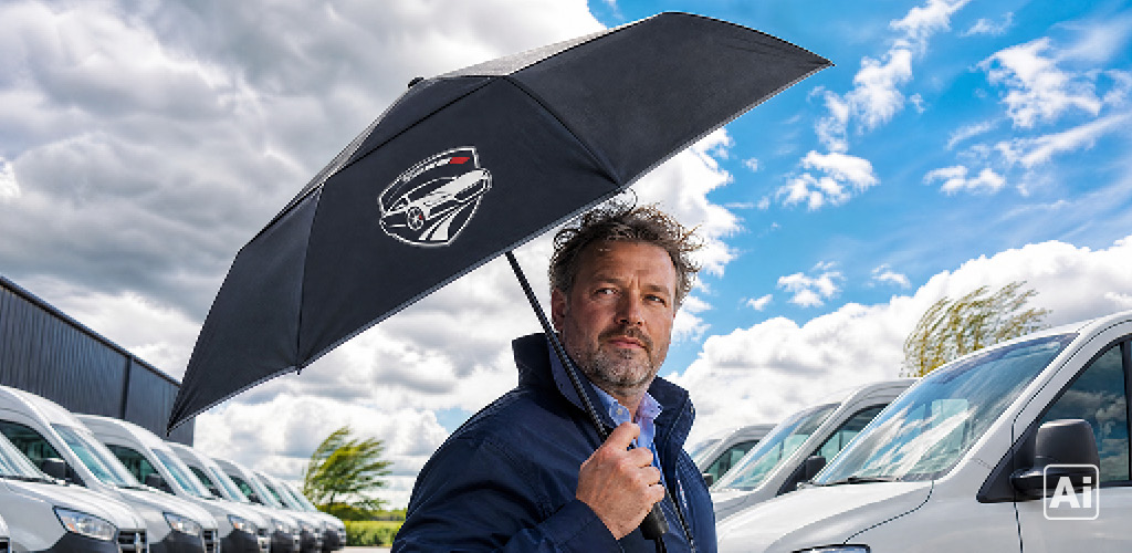 Mitarbeiter eines Autohauses hält einen geöffneten FARE Taschenschirm mit dem Firmenlogo auf einem Segment in der Hand auf einem Parkplatz eines Autohauses.