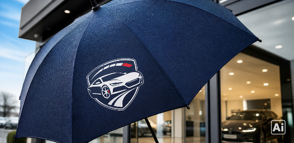 Geöffneter FARE Taschenschirm mit dem Firmenlogo auf einem Segment vor einem Autohaus.