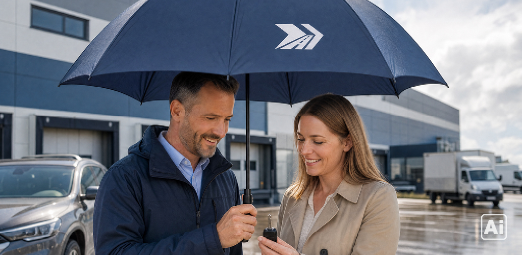 Mann übergibt einer Frau an der auf einem Logistikhof einen Schlüssel. Er hält einen blauen Gästeschirm mit dem Speditions-Logo in der Hand.