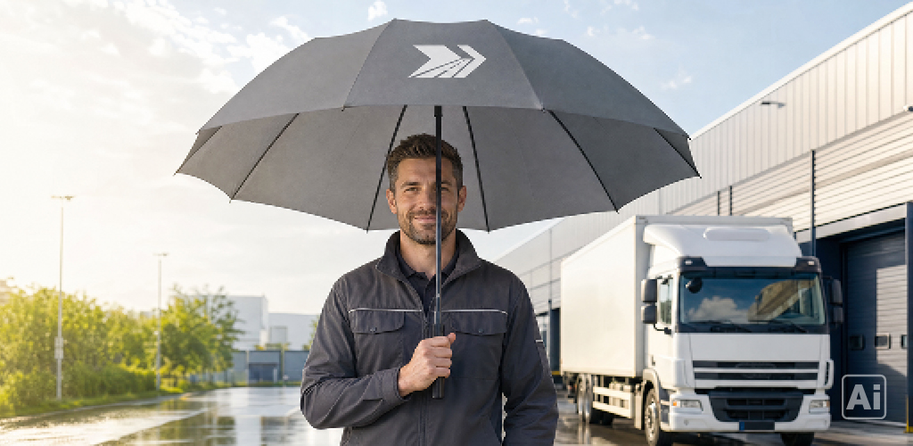 Ein Mann in Arbeitskleidung lächelt und hält einen Stockschirm mit einem Logistik-Logo drauf in der Hand und steht auf einem Logistikhof.