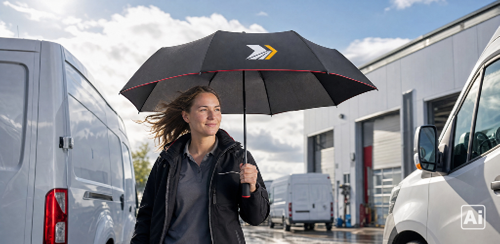Frau hält einen Taschenschirm mit einem Logistik-Logo drauf in der Hand und geht über den Verladebereich bei einer Spedition.