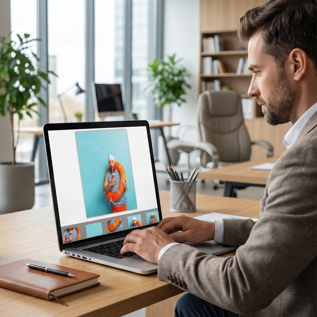 A man is sitting at his desk, looking at a design he would like to use for a full-surface print on an umbrella.