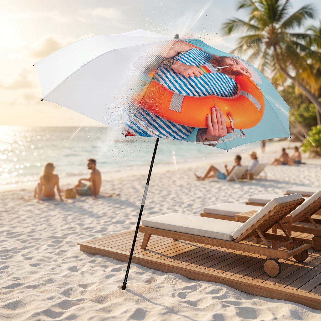 A parasol with an all-over print is stuck in the sand on a beach.