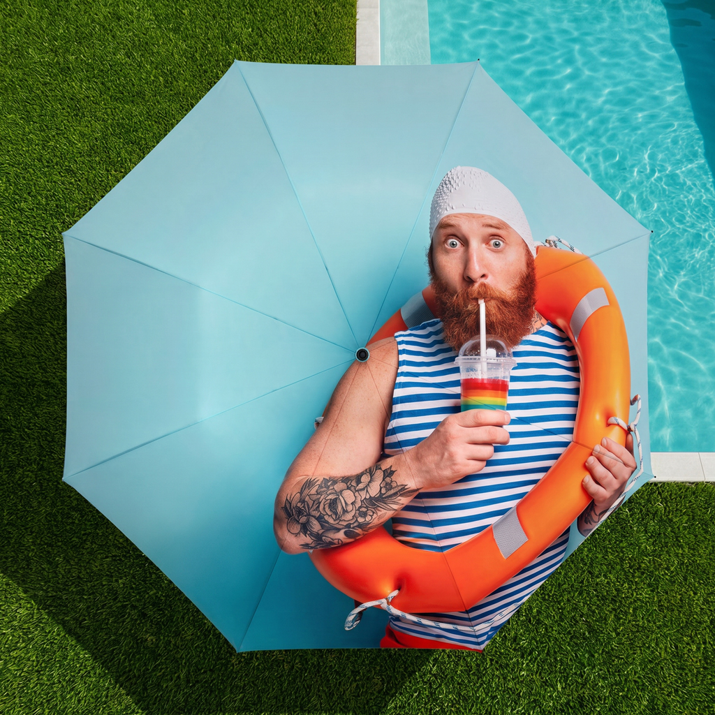 A parasol stands in a lawn by a swimming pool, featuring an all-over print.