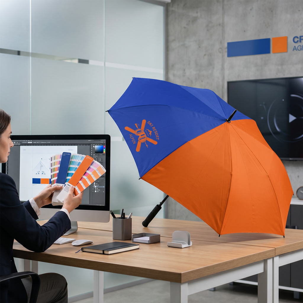 An umbrella with an all-over print is open on a desk; next to it sits a woman with a colour chart, comparing the colour with the print on the umbrella.