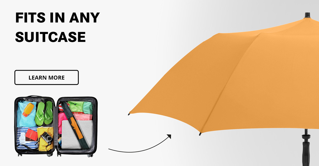 Compact FARE Travel Umbrella – Stows away in your suitcase to save space and is ideal for vacations, camping, and the beach