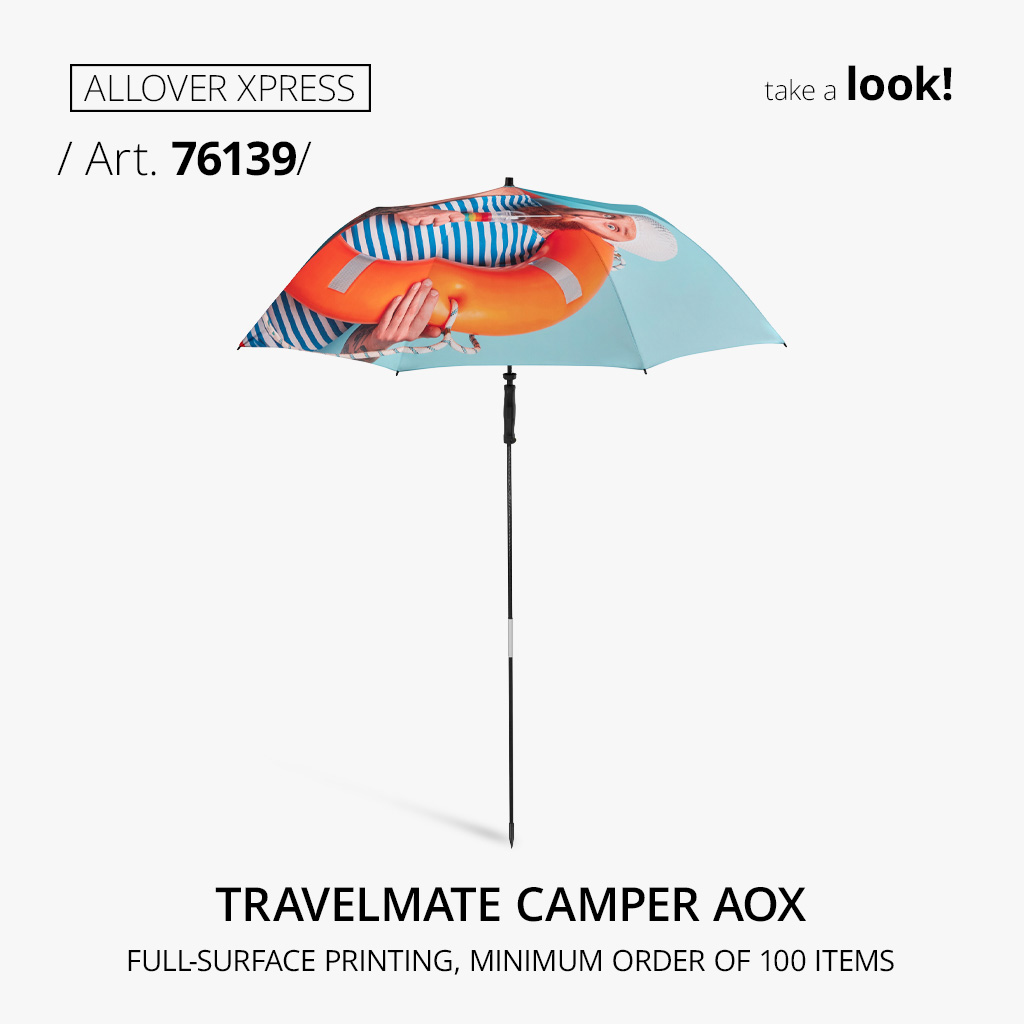 FARE Travelmate Camper AOX, Item No. 76139, with full-surface all-over print for custom promotional umbrellas and strong brand visibility