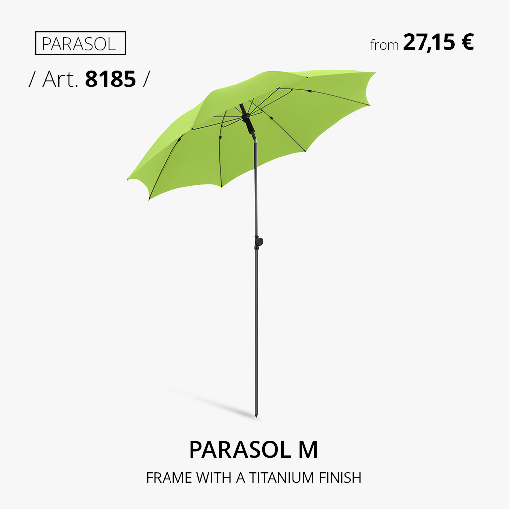 FARE M Parasol, Item No. 8185, with titanium frame and UV protection for gardens, patios, restaurants, and promotional branding