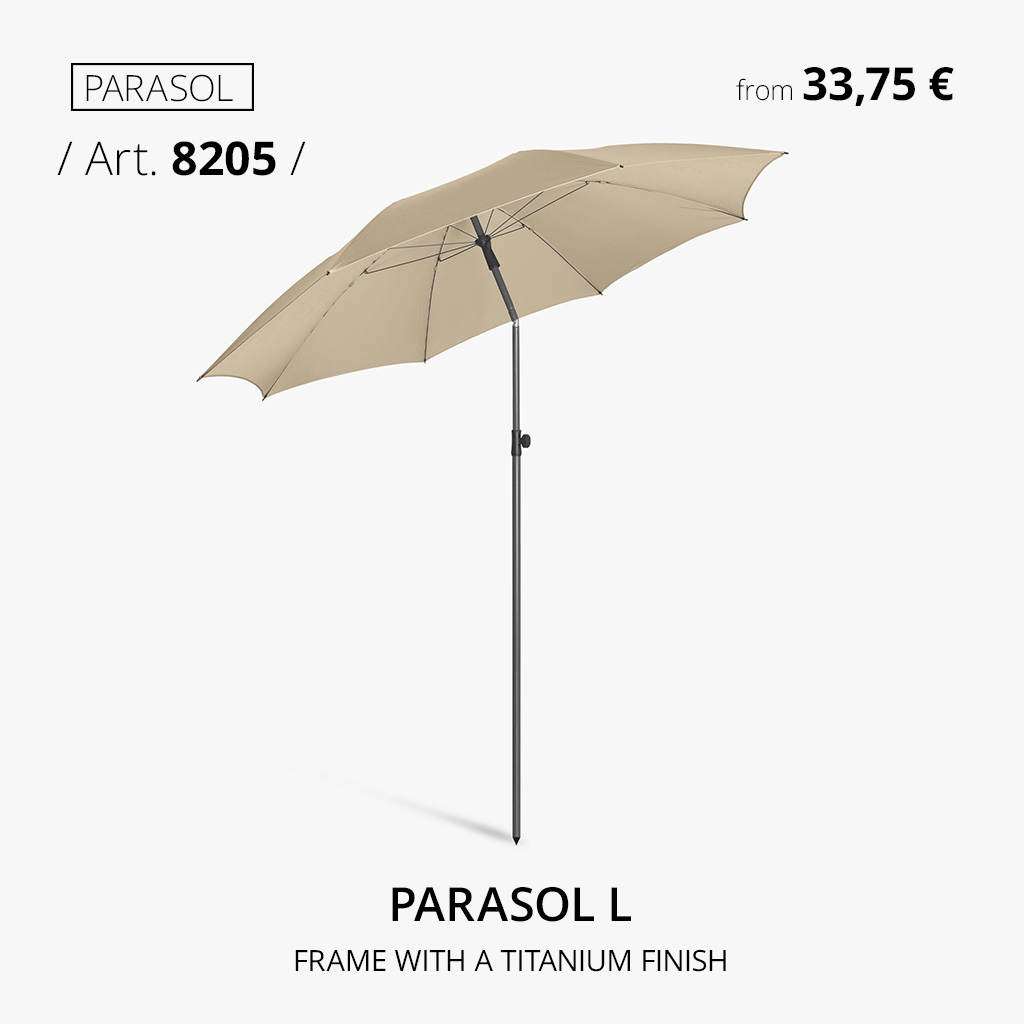 FARE L Parasol, Item No. 8205, with a high-quality titanium frame for gardens, restaurants, and custom branding