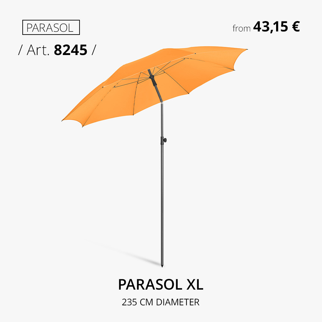 FARE XL Parasol, Item No. 8245, with a 235 cm diameter and UV protection, for gardens, restaurants, and promotional branding