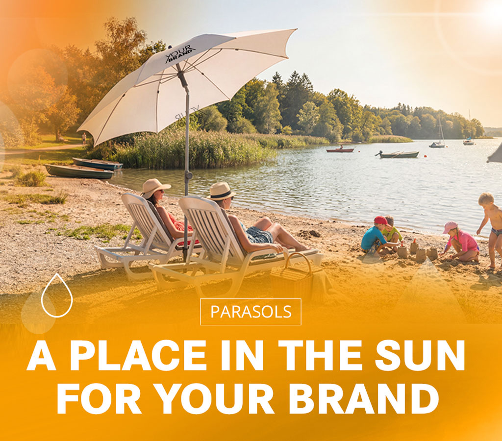 FARE umbrellas with logo prints on the lakeshore as promotional umbrellas for brands in the summer