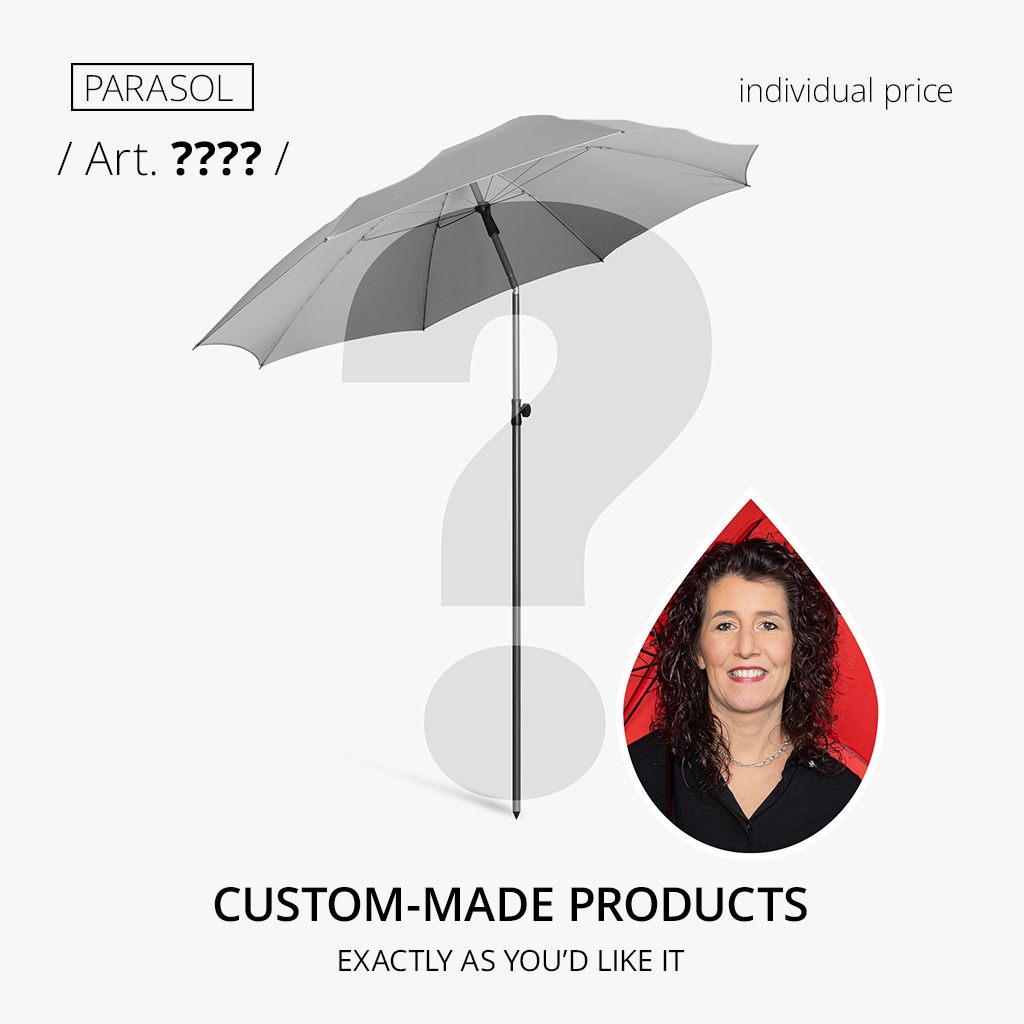 Custom-made FARE parasols tailored to customer specifications, featuring a bespoke design and logo printing