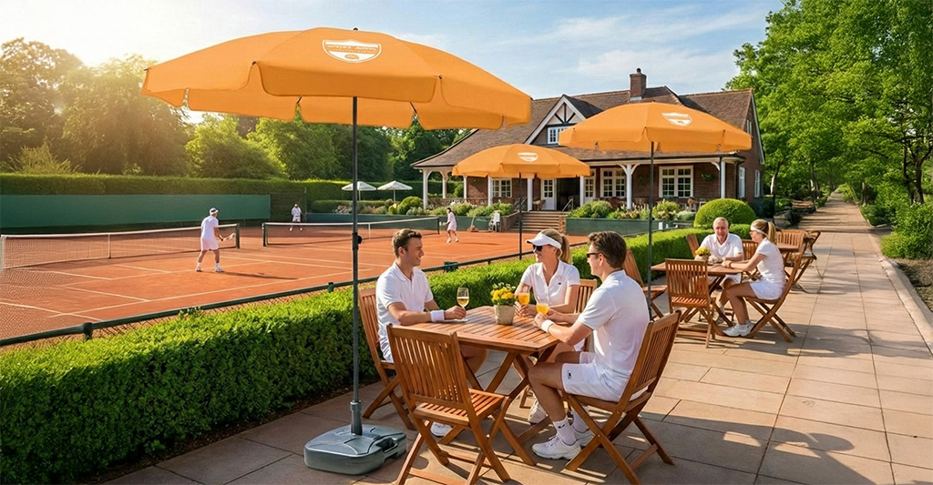 Oranger FARE Sonnenschirm auf einer Tennisplatz-Terrasse mit individuellem Sponsoren-Druck auf dem Volant.