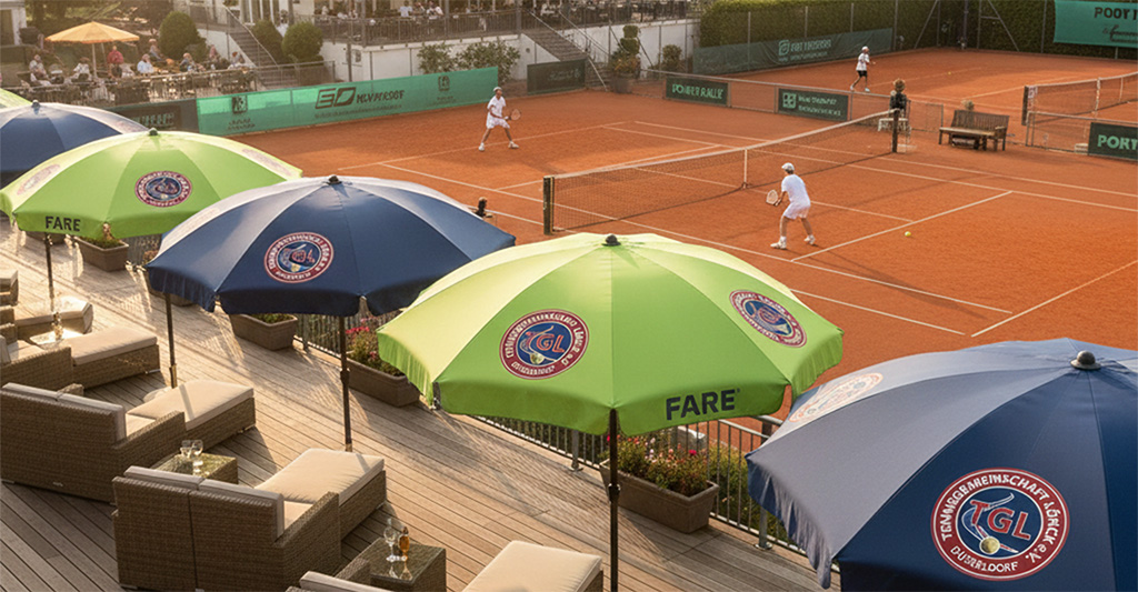 Hochwertige FARE Sonnenschirme mit Vereinslogo auf einer Tennis-Clubterrasse mit Blick auf die Sandplätze.