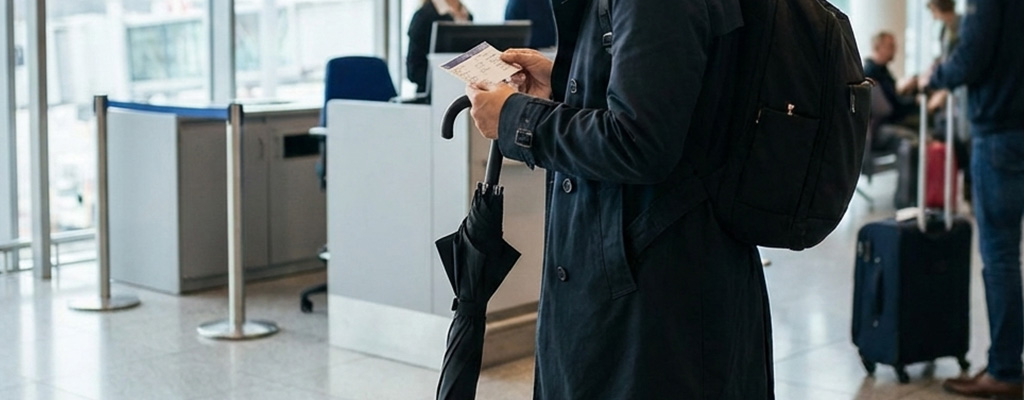 Mann mit Regenschirm am Flughafen