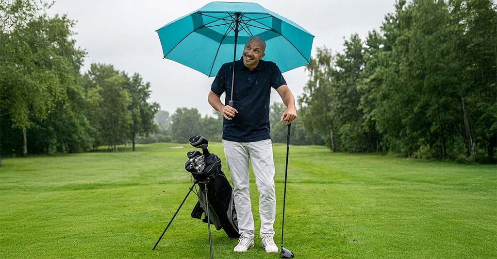 Ein Mann in Golfkleidung steht lächelnd unter einem großen, blauen Golfschirm auf einem verregneten Golfplatz neben seiner Golftasche.