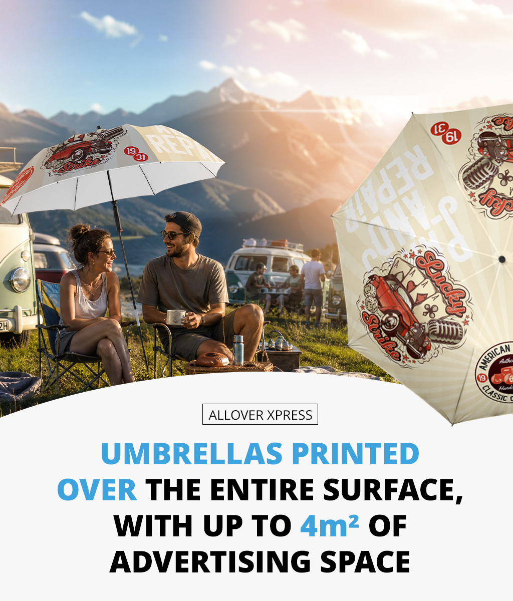 A couple are sitting under a parasol printed over its entire surface. Inside a large drop, the headline reads: ‘Parasols printed over their entire surface, with up to 4 m² of advertising space’.