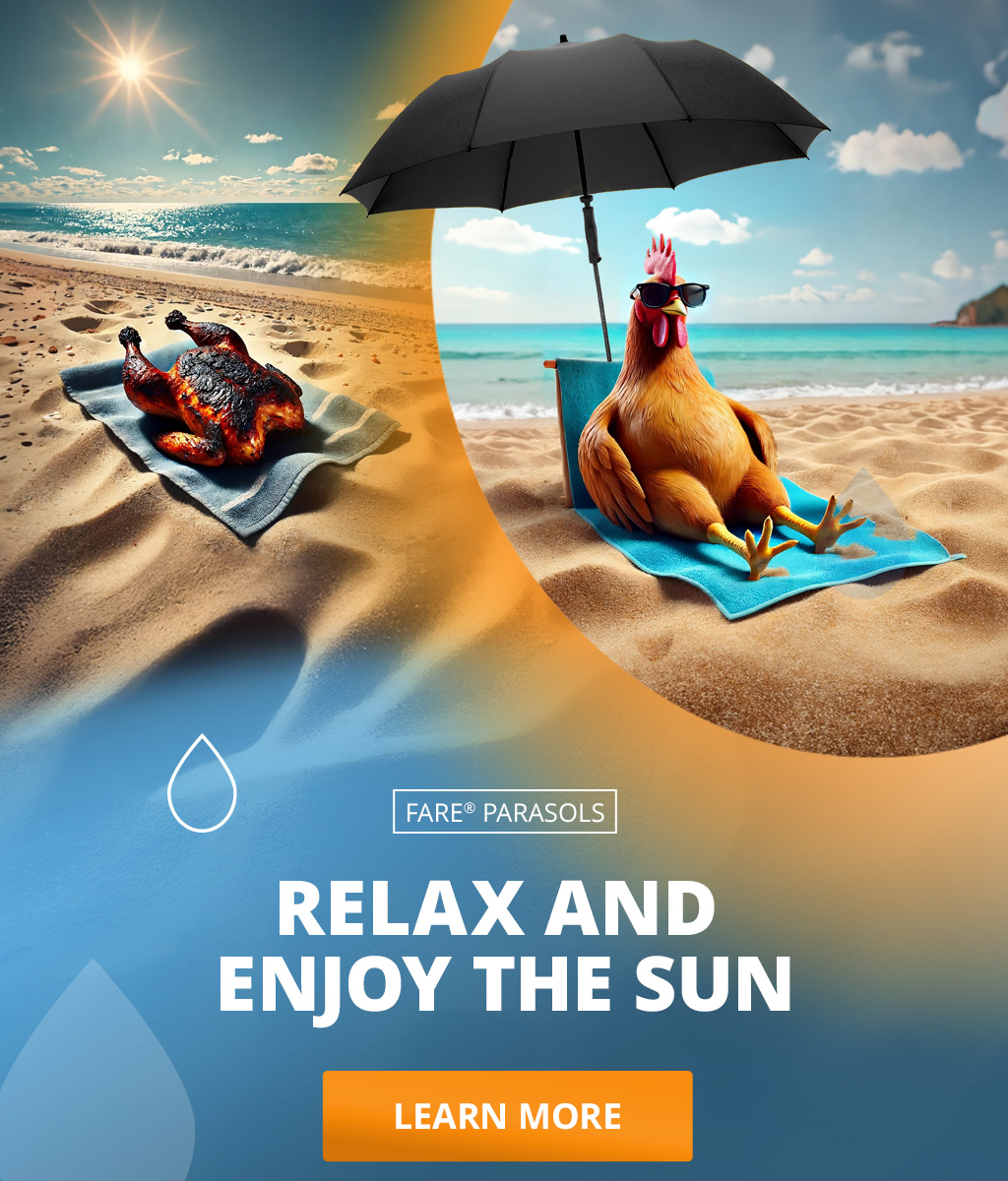 Banner with the Beach parasol Travelmate Camper in black: A burnt chicken lies on a towel on the beach with the words ‘last holiday’. On the other side, a healthy chicken sits under a parasol on the beach wearing sunglasses, with the words ‘next holiday’.