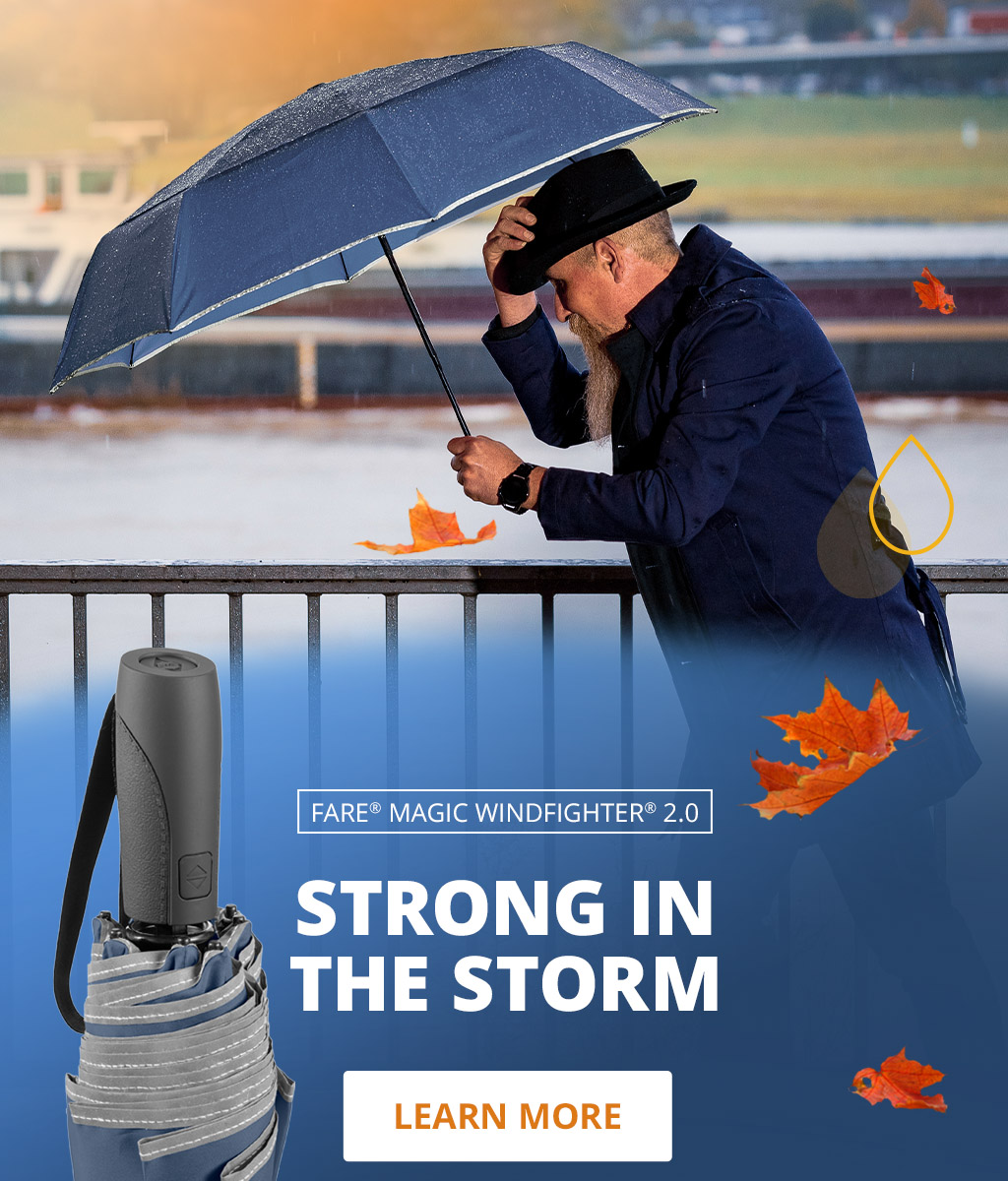 Banner with FARE umbrella, FARE Magic Windfighter 2.0 in navy blue, man with hat and umbrella
