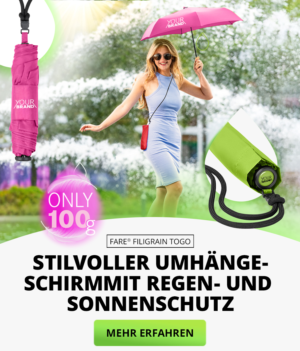 Banner mit FARE Regenschirm, FARE Mini-Taschenschirm FARE® FiligRain ToGo in magenta, Junge Frau in hellblauem Kleid trägt eine Sonnenbrille und schützt sich mit dem magenta farbenden Regenschirm vor den Sonnenstrahlen