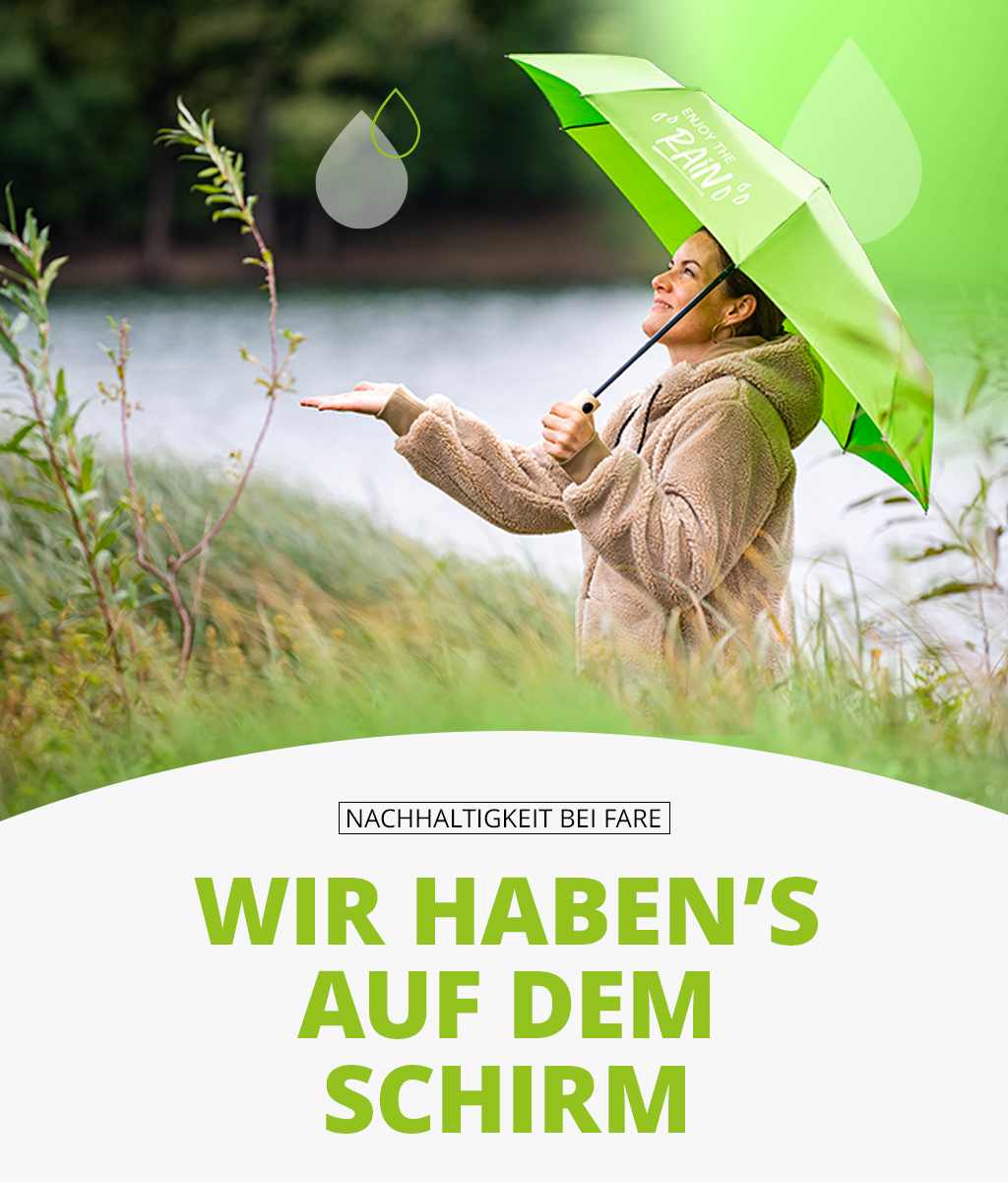 Banner zum Thema Nachhaltigkeit mit Schirm und Frau im Freien