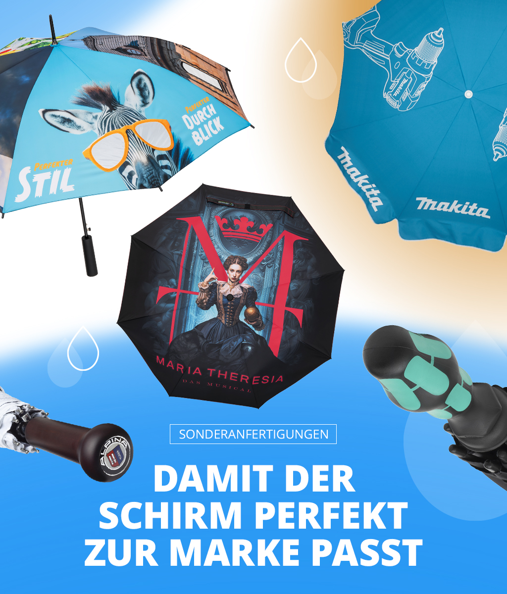 Banner ‚Sonderanfertigungen – Damit der Schirm perfekt zur Marke passt‘ mit Collage individuell bedruckter Schirme, Griff-Details und Hüllen (z. B. Motivdrucke, Makita, BMW Motorsport).