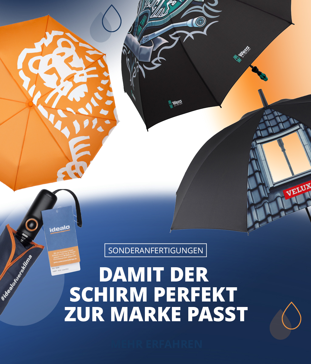Visual für Website-Header zu Sonderanfertigungen: blauer Werbeschirm mit Muster