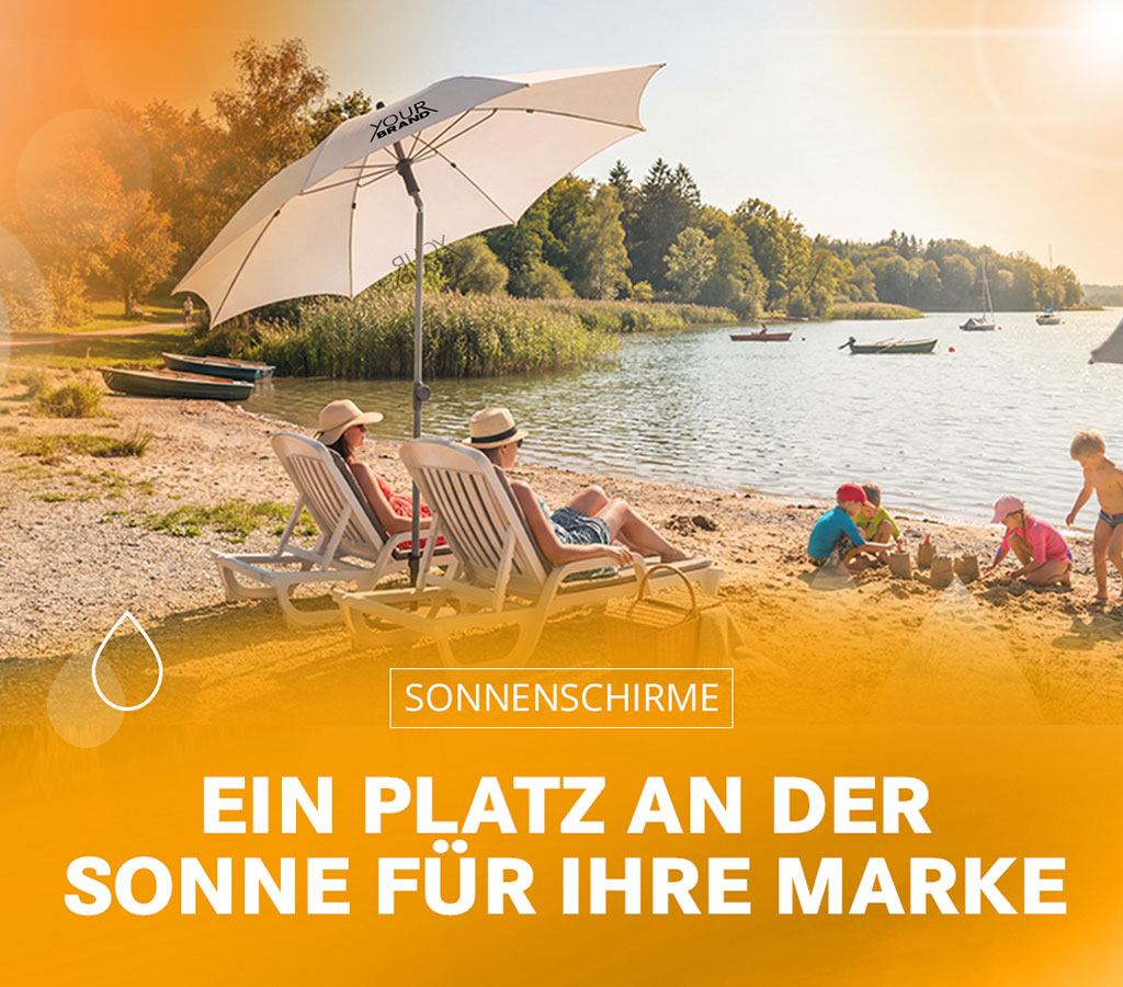 FARE Sonnenschirme mit Logo-Druck am Seeufer als Werbeschirme für Marken im Sommer