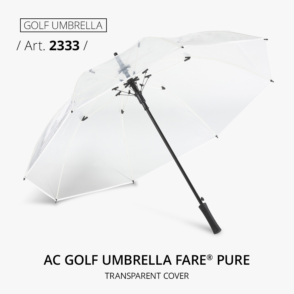 Highlight product: AC golf umbrella FARE® Pure, article number 2333, in white with automatic function. With transparent cover and fabulous details