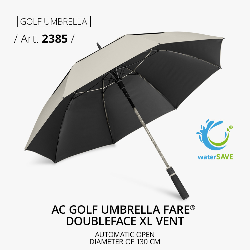 Highlight product: AC golf umbrella FARE® Doubleface XL Vent, article number 2385, in white with automatic function. With overlapping ventilation cover and drop motif details on the shaft.
