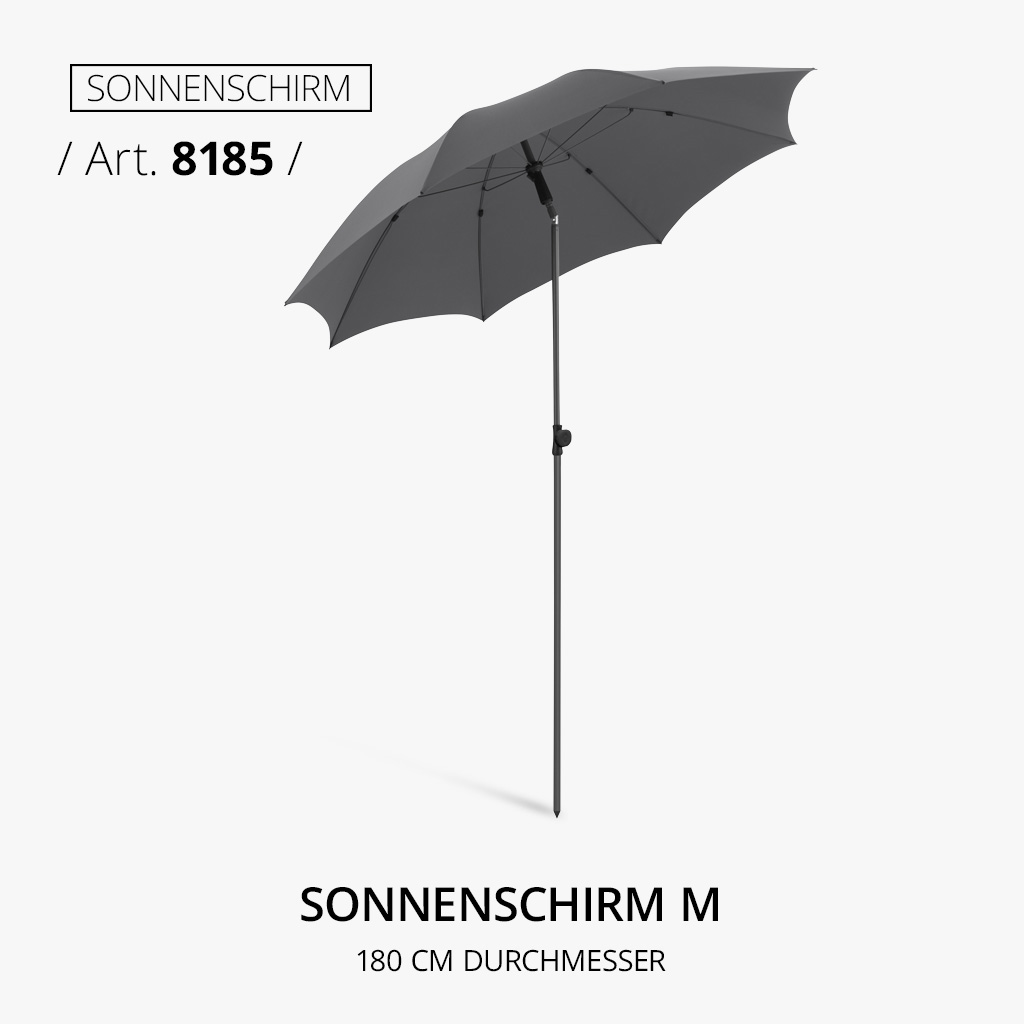 Highlight-Produkt: Sonnenschirm M, Artikelnummer 8185, in Grau mit einem Durchmesser von 180 cm. Bietet UPF 50+ Sonnenschutz