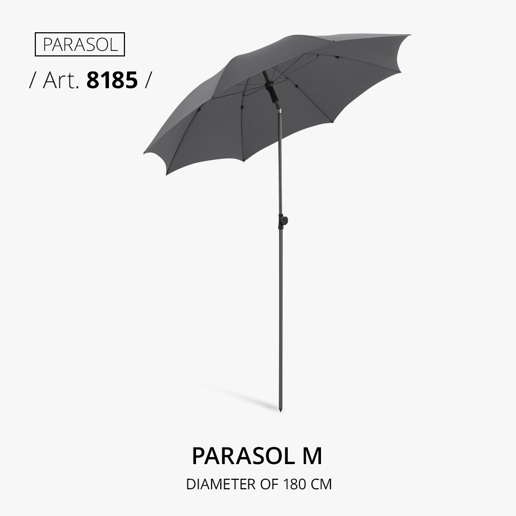 Highlight product: Sun umbrella M, article number 8185, in grey with a diameter of 180 cm. Provides UPF 50+ sun protection