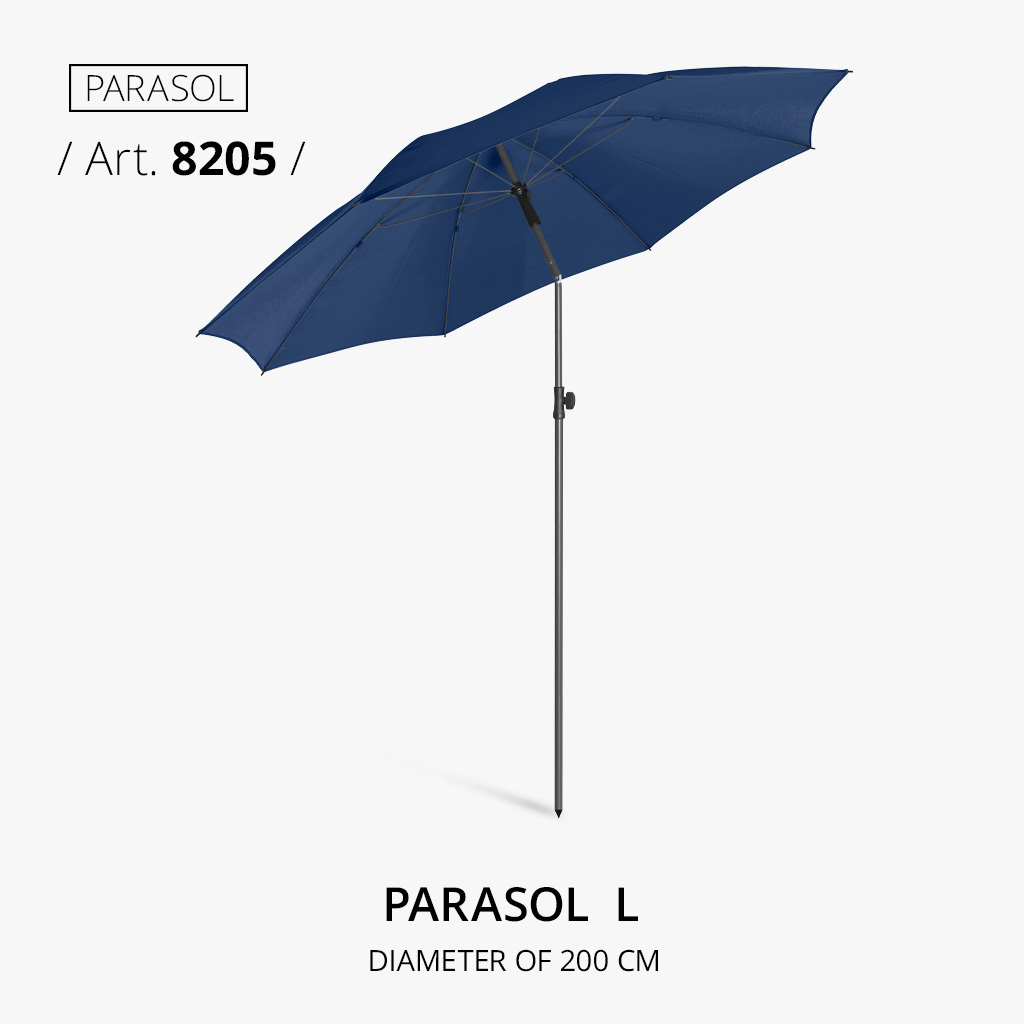 Highlight product: Sun umbrella L, article number 8205, in night blue with a diameter of 200 cm. Provides UPF 50+ sun protection