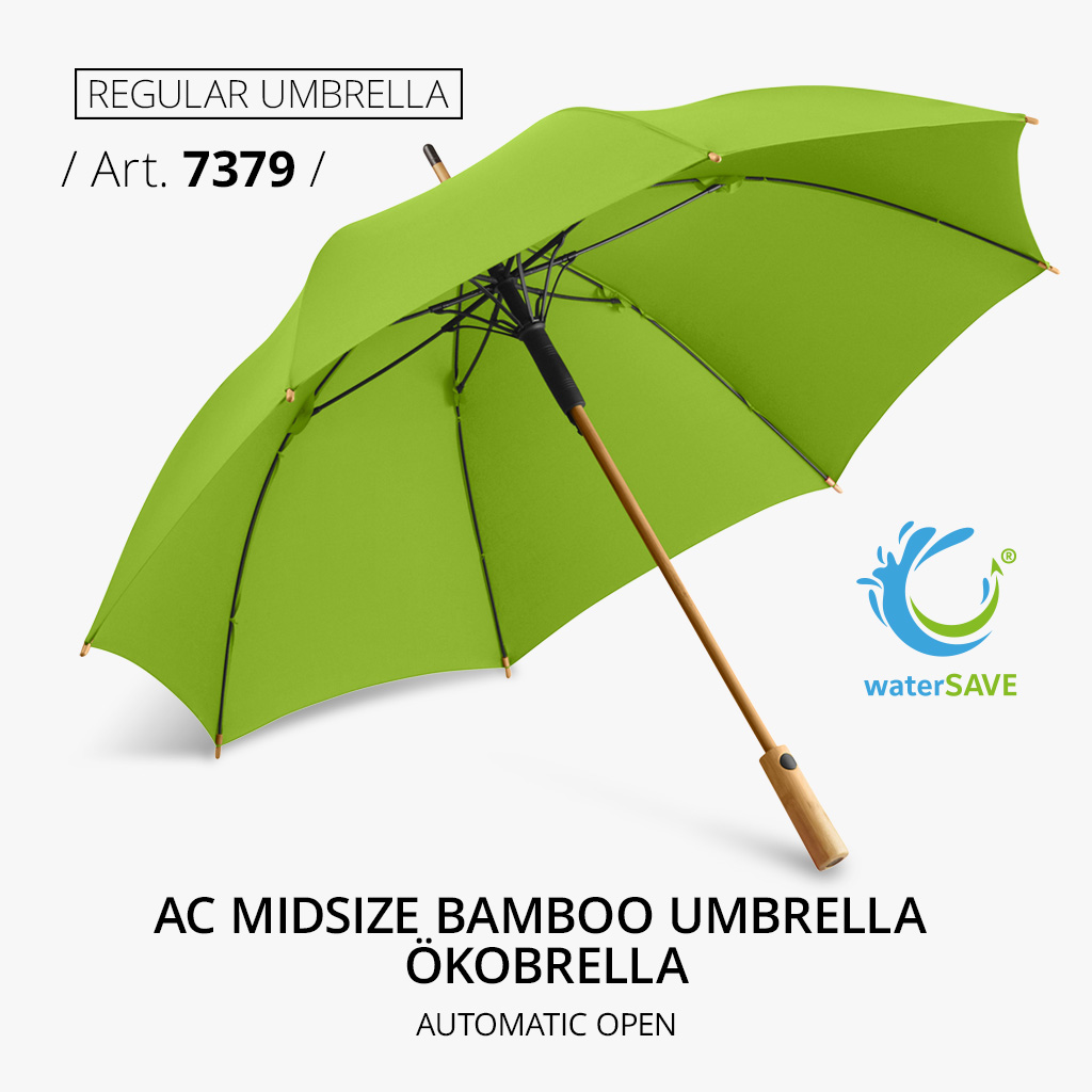 Highlight product: AC midsize bamboo umbrella ÖkoBrella, article number 7379 in lime, with Windproof PLUS, automatic opening and closing mechanism.
