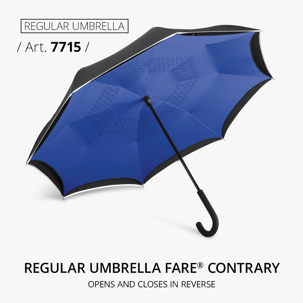 Highlight product: FARE® Contrary stick umbrella, article number 7715, with Windproof PLUS, inverted opening and closing mechanism, fashionable reflective piping