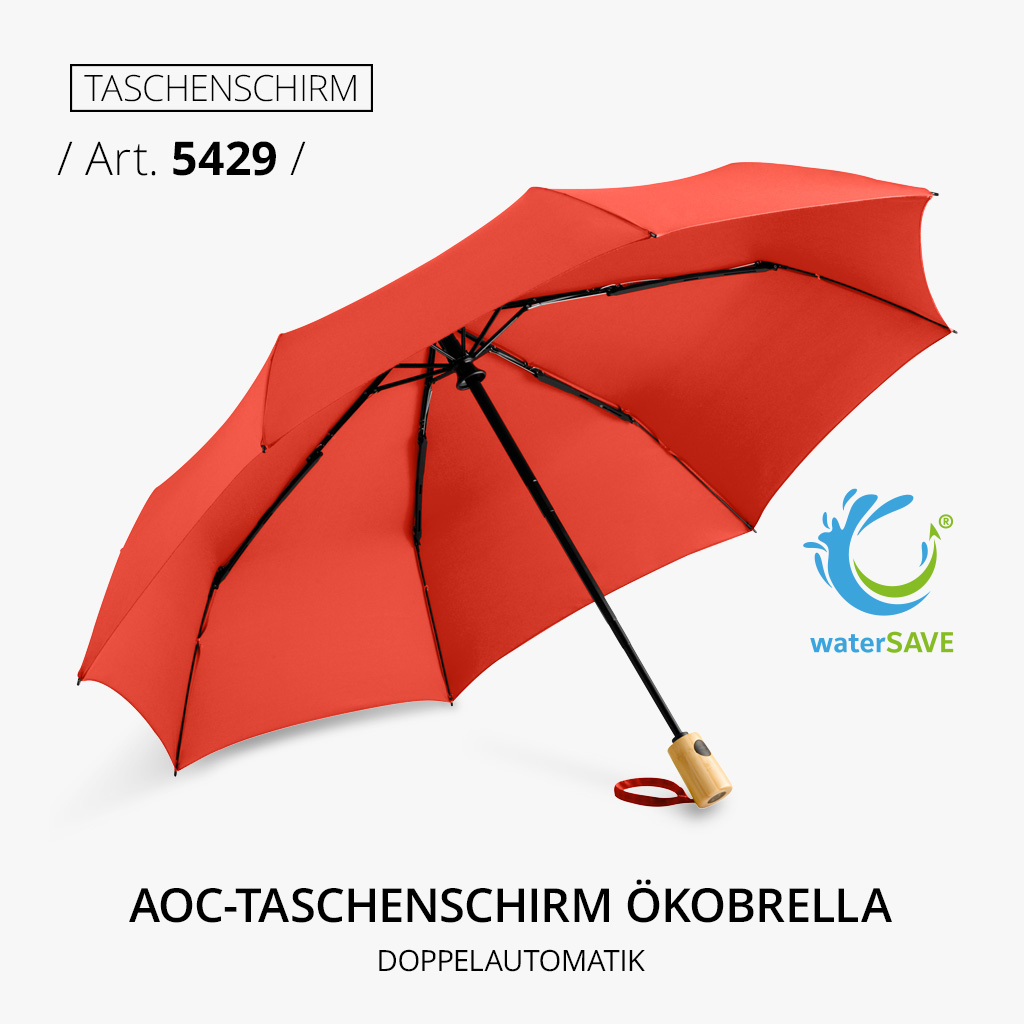 Highlight-Produkt: AOC-Taschenschirm ÖkoBrella, Artikelnummer 5429, in Rot mit Doppelautomatik. Ökologisch sinnvoll, kompakt und vielseitig einsetzbar