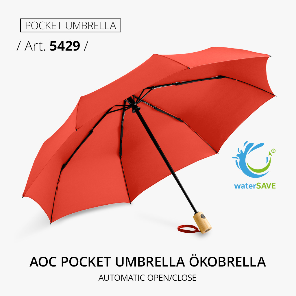 Highlight product: AOC pocket umbrella ÖkoBrella, article number 5429, in red with double automatic function. Ecologically sensible, compact and versatile