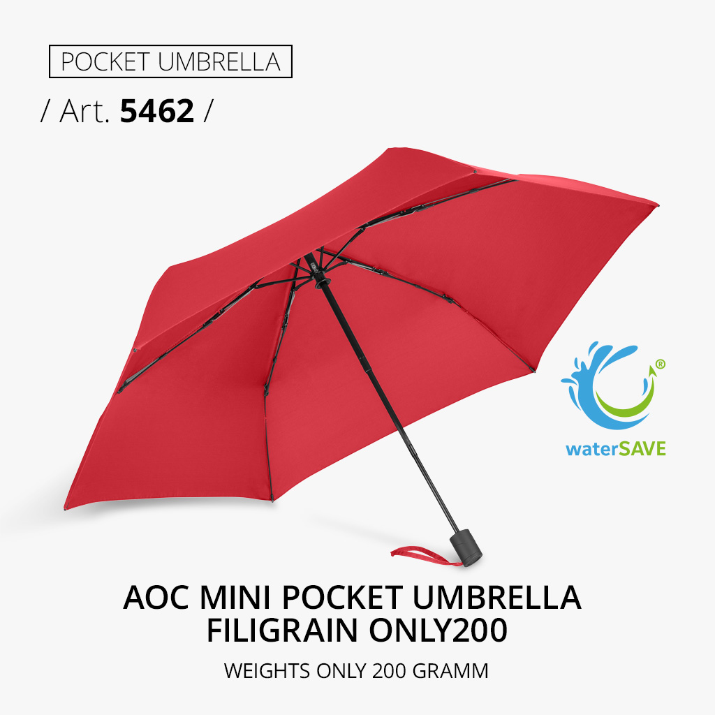 Highlight product: AOC mini pocket umbrella FiligRain Only200, article number 5462, in red with double automatic function.