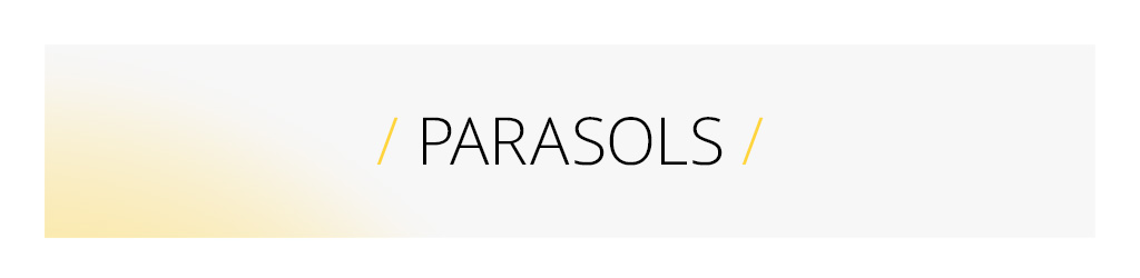 Category banner for sun umbrellas: Yellow open sun umbrella with a sturdy frame against a bright background. Text: '/ Sun Umbrellas /