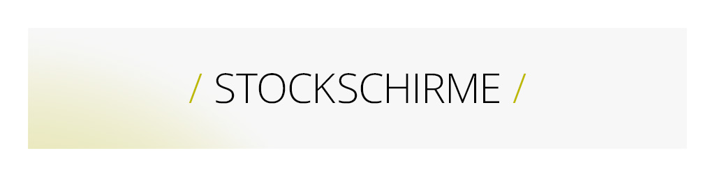 Kategoriebanner für Stockschirme: Roter geöffneter Stockschirm mit leuchtendem Gestell vor hellem Hintergrund. Text: / Stockschirme /