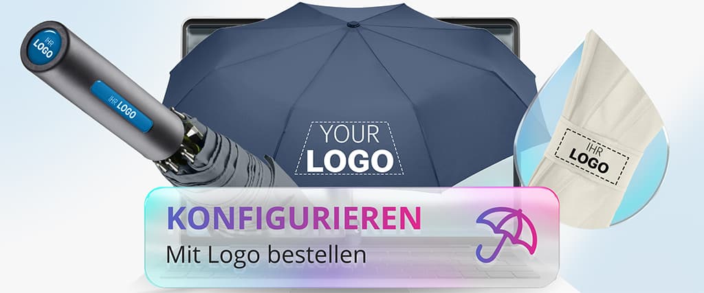 Werbebild: Regenschirm mit Platzhalter ‚Ihr Logo‘ und Button ‚Konfigurieren – mit Logo bestellen‘; daneben Schirmgriff-Detail und Stoffmuster mit Logo