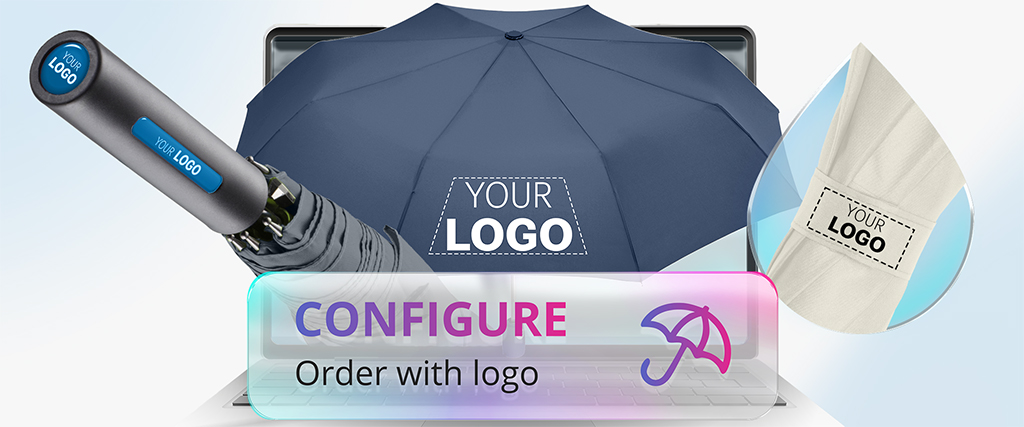 Advertisement image: Umbrella with placeholder “Your logo” and button “Configure – order with logo”; next to it, umbrella handle detail and fabric sample with logo
