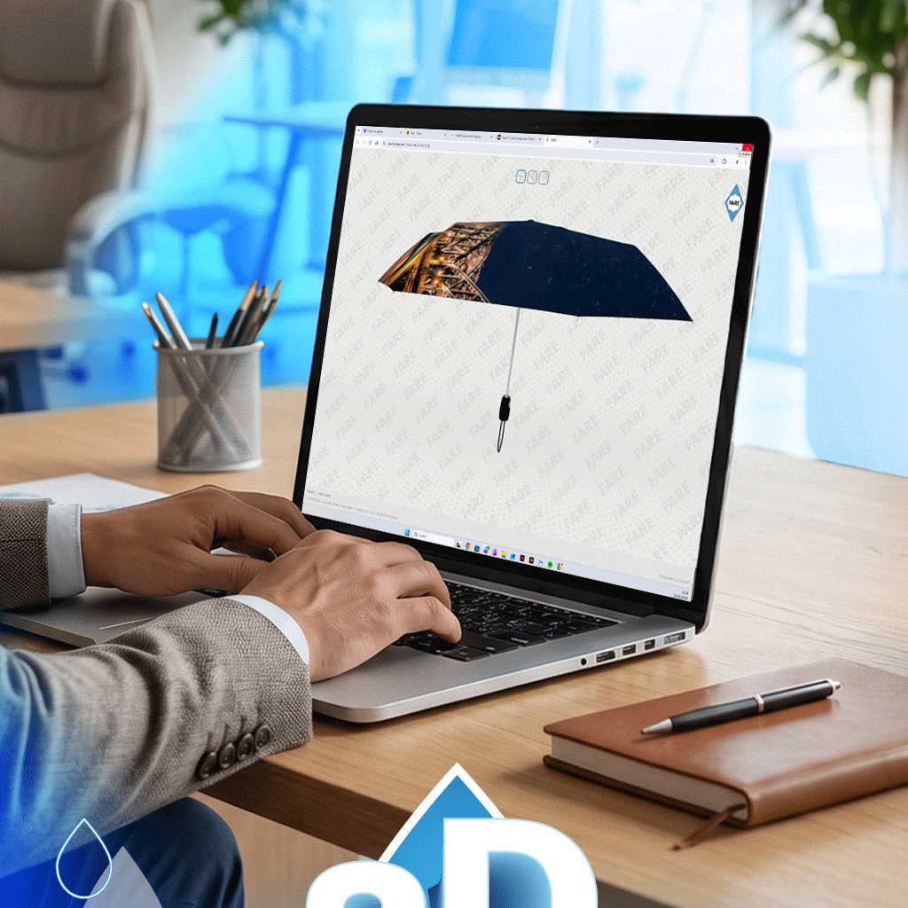 A person is looking at a 3D preview of an umbrella printed over its entire surface and is turning the umbrella round to view it from all sides.
